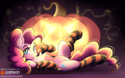 Size: 3888x2423 | Tagged: safe, artist:airiniblock, part of a set, rcf community, character:pinkie pie, species:earth pony, species:pony, g4, chest fluff, clothing, cute, diapinkes, ear fluff, eyebrows, featureless crotch, female, halloween, holiday, jack-o-lantern, looking at you, lying down, mare, on back, patreon, patreon logo, pumpkin, smiling, socks, solo, stockings, striped socks, thigh highs, three quarter view