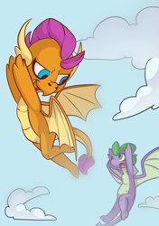 Size: 3496x4961 | Tagged: safe, artist:cutepencilcase, character:smolder, character:spike, species:dragon, episode:molt down, g4, my little pony: friendship is magic, baby, baby dragon, cloud, commission, cute, dragoness, female, flying, male, sky, smolderbetes, spikabetes, winged spike, wings