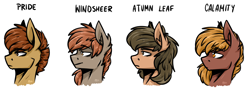 Size: 5328x1933 | Tagged: safe, artist:lrusu, oc, oc only, oc:calamity, oc:colonel autumn leaf, oc:pride (foe), oc:windsheer, species:pegasus, species:pony, fallout equestria, bust, dashite, ear fluff, fanfic, fanfic art, grand pegasus enclave, male, portrait, simple background, stallion, text, white background