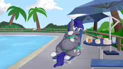 Size: 4320x2430 | Tagged: safe, artist:andelai, oc, oc only, oc:midnight blossom, species:bat pony, bat pony oc, belly, belly button, big belly, bikini, chubby, chubby cheeks, clothing, fat, female, food, high res, obese, poolside, solo, swimsuit, tight clothing