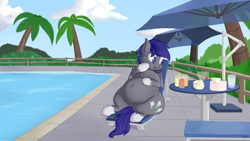 Size: 4320x2430 | Tagged: safe, artist:andelai, edit, oc, oc only, oc:midnight blossom, species:bat pony, species:pony, bat pony oc, belly, belly button, big belly, chubby, drink, fat, female, food, high res, poolside