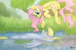 Size: 4000x2600 | Tagged: safe, alternate version, artist:fluffyxai, character:derpy hooves, character:fluttershy, species:pegasus, species:pony, ship:derpyshy, blushing, boop, cute, derpabetes, female, floating, lesbian, looking at each other, lying down, mare, reaching, river, sfw edit, shipping, shyabetes, smiling, tree branch, water, wings