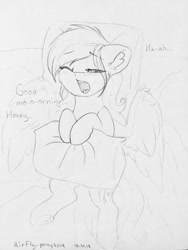 Size: 960x1280 | Tagged: safe, artist:airfly-pony, rcf community, oc, oc only, oc:scarlett drop, species:pegasus, species:pony, bed, cute, dialogue, female, lineart, looking at you, mare, morning ponies, pillow, solo, traditional art, yawn
