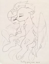 Size: 984x1280 | Tagged: safe, artist:airfly-pony, rcf community, oc, oc only, oc:scarlett drop, oc:wing hurricane, crying, cute, hug, lineart, scarricane, shipping, traditional art