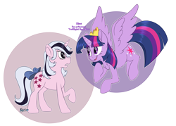 Size: 7000x5000 | Tagged: safe, artist:fluffyxai, character:twilight sparkle, character:twilight sparkle (alicorn), species:alicorn, species:pony, species:unicorn, g1, 35th anniversary, 8th anniversary, abstract background, absurd resolution, bow, crown, flying, generational ponidox, happy birthday mlp:fim, jewelry, mlp fim's eighth anniversary, ponidox, previous generation, princess, regalia, simple background, smiling, speech, starry eyes, tail bow, text, transparent background, wingding eyes, wings