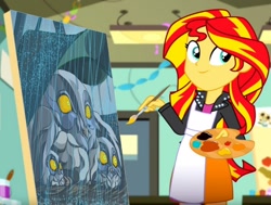 Size: 992x749 | Tagged: safe, artist:terry, edit, edited screencap, editor:gay-horse, screencap, character:sunset shimmer, species:owl, episode:the art of friendship, eqg summertime shorts, g4, my little pony: equestria girls, my little pony:equestria girls, baby, exploitable meme, female, meme, mother, painting, rain, solo, sunset's painting