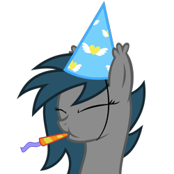 Size: 1475x1475 | Tagged: safe, artist:the smiling pony, oc, oc only, oc:speck, species:bat pony, species:pony, bust, clothing, eyes closed, hat, party hat, party horn, portrait, simple background, solo, transparent background