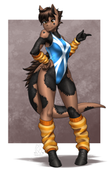 Size: 2426x3791 | Tagged: safe, artist:mykegreywolf, oc, oc only, oc:nessy, species:anthro, species:unguligrade anthro, anthro oc, arm warmers, armpits, clothing, commission, dinosaur, female, high-cut clothing, hybrid, leg warmers, one-piece swimsuit, solo, swimsuit
