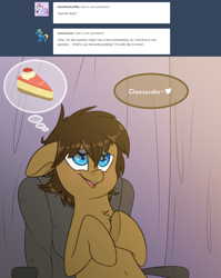 Size: 2000x2510 | Tagged: safe, artist:fluffyxai, oc, oc only, oc:spirit wind, ask, cake, chair, cheesecake, dialogue, food, speech bubble, tumblr, tumblr:ask spirit wind