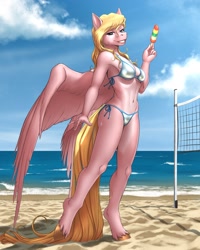 Size: 2500x3125 | Tagged: safe, artist:mykegreywolf, oc, oc only, oc:vee, species:anthro, species:pegasus, species:pony, species:unguligrade anthro, anthro oc, armpits, beach, belly button, bikini, breasts, clothing, commission, female, food, ice cream, looking at you, mare, side-tie bikini, smiling, solo, swimsuit