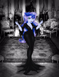Size: 2835x3657 | Tagged: safe, artist:invisibleguy-ponyman, character:princess luna, character:vice principal luna, my little pony:equestria girls, beautiful, breasts, clothing, costume, cute, dress, halloween, halloween costume, hobble dress, holiday, lidded eyes, looking at you, morticia addams, stupid sexy princess luna, the addams family, vice principal luna