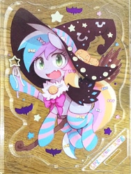 Size: 902x1200 | Tagged: safe, artist:kolshica, oc, oc only, oc:rokuchan, species:bat, broom, clothing, flying, flying broomstick, halloween, hat, holiday, japan ponycon, socks, solo, striped socks, witch hat