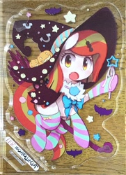 Size: 868x1200 | Tagged: safe, artist:kolshica, oc, oc only, oc:poniko, species:bat, broom, clothing, flying, flying broomstick, halloween, hat, holiday, japan ponycon, socks, solo, striped socks, witch hat