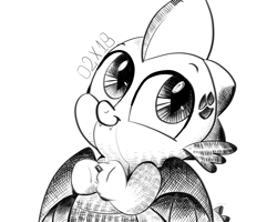 Size: 1280x1024 | Tagged: safe, artist:dsana, character:spike, species:dragon, inktober, baby, baby dragon, c:, cute, fangs, ink drawing, looking away, male, monochrome, signature, simple background, sketch, smiling, solo, spikabetes, spread wings, traditional art, white background, winged spike, wings