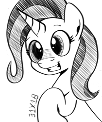 Size: 921x1098 | Tagged: safe, artist:dsana, character:trixie, species:pony, species:unicorn, inktober, female, ink drawing, mare, monochrome, raised hoof, simple background, sketch, smiling, solo, traditional art, white background