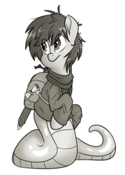 Size: 1500x2100 | Tagged: safe, artist:fluffyxai, oc, oc only, backpack, badumsquish approved, buck legacy, clothing, grayscale, monochrome, original species, scarf, simple background, snake pony, solo, sword, weapon, white background
