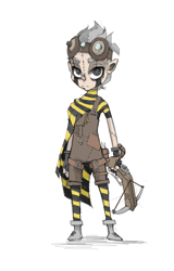 Size: 1231x1920 | Tagged: safe, artist:artguydis, oc, oc only, oc:brittlebee, species:human, crossbow, goggles, hagwarders, humanized, living doll, original species, overalls, solo