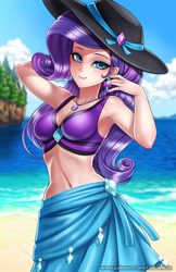 Size: 750x1160 | Tagged: safe, artist:racoonsan, character:rarity, species:human, equestria girls:forgotten friendship, g4, my little pony: equestria girls, my little pony:equestria girls, arm behind head, armpits, beach, beach babe, beautiful, belly button, breasts, clothing, cloud, ear piercing, earring, female, geode of shielding, hat, humanized, jewelry, looking at you, magical geodes, midriff, nail polish, necklace, piercing, sarong, sexy, sky, smiling, solo, stupid sexy rarity, sun hat, swimsuit, water