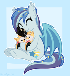 Size: 820x889 | Tagged: safe, artist:centchi, artist:dreamyeevee, oc, oc:star struck, species:bat pony, species:pony, abstract background, bat pony oc, collaboration, cute, cute little fangs, ear tufts, ethereal mane, eyes closed, fangs, galaxy mane, hug, plushie, smiling, solo, toy