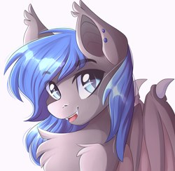 Size: 3419x3333 | Tagged: safe, artist:airiniblock, rcf community, oc, oc only, oc:moonslurps, species:bat pony, species:pony, bat pony oc, bat wings, chest fluff, cute, cute little fangs, ear fluff, ear piercing, fangs, fluffy, looking at you, male, open mouth, piercing, simple background, slit eyes, smiling, solo, stallion, white background, wing claws, wings