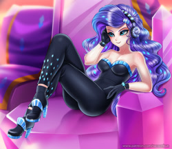 Size: 1200x1043 | Tagged: safe, artist:racoonsan, character:rarity, species:human, episode:the other side, g4, my little pony: equestria girls, my little pony:equestria girls, armpits, bare shoulders, beautiful, beautisexy, bodysuit, boots, breasts, clothing, fabulous, female, gloves, headphones, high heel boots, high heels, human coloration, humanized, sexy, shoes, sleeveless, solo, strapless, stupid sexy rarity, unitard