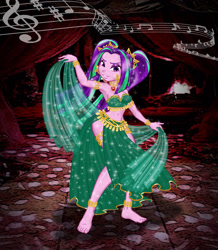 Size: 2551x2923 | Tagged: safe, artist:invisibleguy-ponyman, character:aria blaze, my little pony:equestria girls, anklet, arabian nights, armlet, armpits, barefoot, beautiful, bedroom eyes, belly button, belly dancer, belly dancer outfit, bracelet, dancing, ear piercing, earring, eyeshadow, feet, female, gem, harem outfit, jewelry, leg bracelet, loincloth, looking at you, makeup, midriff, music notes, piercing, siren gem, solo, veil