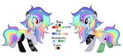 Size: 1024x468 | Tagged: safe, artist:mintoria, artist:space--paws0w0, oc, oc only, oc:pastel chole, species:alicorn, species:pony, alicorn oc, bandana, boots, female, freckles, heterochromia, mare, markings, rainbow hair, reference sheet, scene kid, shoes, simple background, solo, tattoo, transparent background