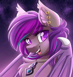 Size: 2623x2759 | Tagged: safe, artist:airiniblock, rcf community, oc, oc:platinum wing, species:bat pony, bat pony oc, commission, ear fluff, ear piercing, earring, female, jewelry, looking at you, necklace, open mouth, piercing, solo