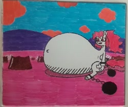 Size: 1637x1370 | Tagged: safe, artist:eternaljonathan, oc, oc:veneris, species:pony, ball and chain, belly, big belly, candy, chains, deviantart, food, huge belly, impossibly large belly, stuffed, traditional art, whiteboard