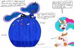 Size: 3474x2262 | Tagged: safe, artist:eternaljonathan, character:princess celestia, character:princess luna, belly, belly bed, big belly, candy, deviantart, food, huge belly, impossibly large belly, ink, royal sisters, stuffed, traditional art