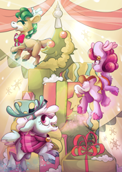 Size: 2481x3508 | Tagged: safe, artist:cutepencilcase, character:alice, character:aurora, character:bori, species:deer, species:pony, species:reindeer, episode:best gift ever, g4, my little pony: friendship is magic, adoralice, aurorable, boribetes, christmas, christmas tree, cloven hooves, cute, female, flying, hearth's warming, holiday, present, smiling, the gift givers, tree