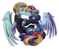Size: 3600x3000 | Tagged: safe, artist:kikirdcz, character:lightning dust, character:rainbow dash, species:pegasus, species:pony, ship:rainbowdust, g4, clothing, colored eyebrows, eyebrows, eyebrows visible through hair, female, kissing, lesbian, mare, profile, shipping, simple background, smiling, transparent background, uniform, washouts uniform, wonderbolts uniform