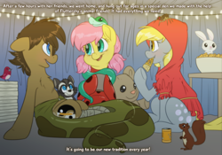 Size: 5000x3500 | Tagged: safe, artist:fluffyxai, character:angel bunny, character:derpy hooves, character:fluttershy, oc, oc:spirit wind, species:bird, blanket fort, clothing, costume, fuzzy legs, miraculous ladybug, nightmare night, original species, raccoon, red riding hood, rupert, smoky jr., snake, squirrel, tumblr:ask spirit wind