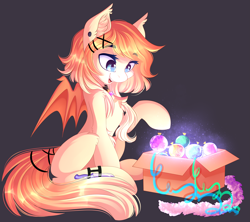 Size: 3753x3333 | Tagged: safe, artist:airiniblock, rcf community, oc, oc only, oc:peach lace, species:bat pony, species:pony, bat pony oc, baubles, box, commission, female, high res, open mouth, ornaments, shiny
