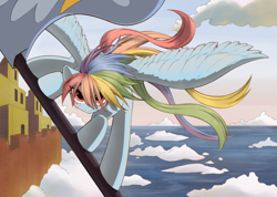 Size: 800x568 | Tagged: safe, artist:unousaya, character:rainbow dash, species:pegasus, species:pony, cloud, coast, female, flag, flying, mare, ocean, solo