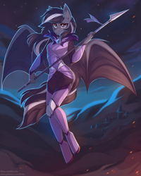 Size: 1602x2003 | Tagged: safe, artist:fensu-san, oc, oc only, oc:shade (jerichoiv), species:anthro, species:bat pony, species:unguligrade anthro, g4, anthro oc, armor, bat pony oc, bat wings, commission, digital art, female, flying, frown, looking at you, mare, night, solo, spear, weapon, wings