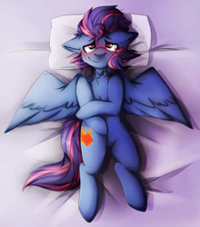 Size: 1280x1456 | Tagged: safe, artist:oddends, oc, oc only, oc:lost, species:pegasus, species:pony, bed, holding leg, on bed, solo
