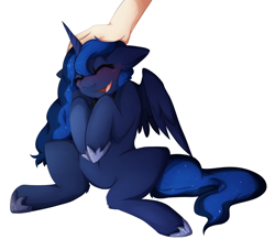 Size: 1280x1162 | Tagged: safe, artist:oddends, character:princess luna, species:alicorn, species:pony, g4, cute, eyes closed, female, floppy ears, hand, hoof shoes, human on pony petting, lunabetes, mare, open mouth, petting, simple background, sitting, white background, wings