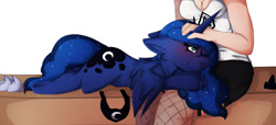 Size: 1280x584 | Tagged: safe, artist:oddends, character:princess luna, species:human, blushing, clothing, cute, fishnets, hoof shoes, human on pony petting, jewelry, lunabetes, lying down, miniskirt, petting, regalia, skirt, stockings, thigh highs