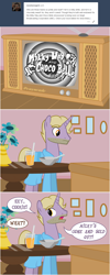 Size: 800x1994 | Tagged: safe, artist:flash equestria photography, artist:flash-equestria-photography, oc, oc:brann flakes, oc:chocolate belle, oc:cookie dough, oc:milky way, species:pony, species:unicorn, ask, bathrobe, clothing, comic, dialogue, juice, male, milkmare of trottingham, offscreen character, orange juice, robe, solo, speech bubble, stallion, stubble, television, tumblr