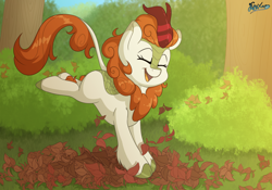 Size: 5000x3500 | Tagged: safe, artist:fluffyxai, character:autumn blaze, species:kirin, episode:sounds of silence, g4, my little pony: friendship is magic, autumn, autumn leaves, awwtumn blaze, bush, commission, cute, female, forest, jumping, laughing, leaping, leaves, prancing, smiling, solo, tree