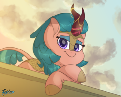 Size: 5000x4000 | Tagged: safe, artist:fluffyxai, character:somnambula, species:kirin, episode:sounds of silence, g4, my little pony: friendship is magic, bedroom eyes, cloud, grin, horn jewelry, jewelry, kirin-ified, lying down, resting, sky, smiling, species swap, sunset