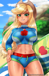Size: 750x1160 | Tagged: safe, artist:racoonsan, character:applejack, equestria girls:forgotten friendship, g4, my little pony: equestria girls, my little pony:equestria girls, abs, adorasexy, applejack's hat, applejacked, beach, belly button, big breasts, breasts, busty applejack, clothing, cowboy hat, cute, female, freckles, geode of super strength, hat, jackabetes, jewelry, looking at you, magical geodes, midriff, muscles, necklace, ocean, sand, sexy, solo, stupid sexy applejack, surfboard, swimsuit, thighs