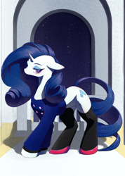 Size: 568x800 | Tagged: safe, artist:unousaya, character:rarity, species:pony, species:unicorn, clothing, female, floppy ears, mare, night, shoes, socks, solo, stars, thigh highs