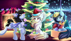 Size: 5679x3306 | Tagged: safe, artist:airiniblock, rcf community, oc, oc only, oc:aida, oc:andromeda galaktika, oc:mitzy, species:bat pony, species:pony, bat pony oc, box, chest fluff, christmas, christmas tree, clothing, commission, ear fluff, female, fireplace, hat, holiday, mare, pony in a box, present, santa hat, smiling, snow, snowfall, tree, window