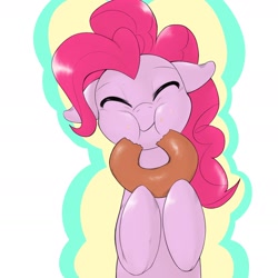 Size: 1536x1536 | Tagged: safe, artist:kurogewapony, character:pinkie pie, species:earth pony, species:pony, bagel, bread, cute, diapinkes, donut, eating, eyes closed, female, floppy ears, food, happy, mare, munching, pixiv, smiling, solo