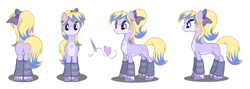 Size: 1884x670 | Tagged: safe, artist:flash equestria photography, oc, oc only, oc:silver stitch, species:earth pony, species:pony, bow, bow tie, cutie mark, female, hair bow, leg warmers, mare, reference sheet, show accurate, solo, unshorn fetlocks