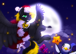 Size: 2412x1727 | Tagged: safe, artist:dolorosacake, oc, oc only, oc:shade demonshy, species:pegasus, species:pony, christmas, clothing, commission, female, hat, holiday, mare, santa hat, sky, solo, ych result