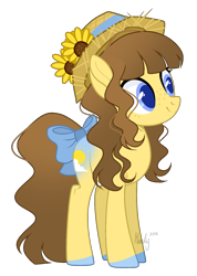 Size: 988x1390 | Tagged: safe, artist:mintoria, oc, oc only, oc:sunny flower, species:earth pony, species:pony, bow, clothing, female, freckles, hat, mare, simple background, solo, straw hat, tail bow, transparent background