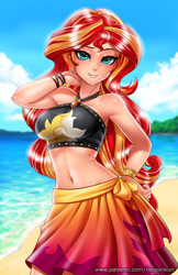 Size: 750x1160 | Tagged: safe, artist:racoonsan, character:sunset shimmer, species:human, equestria girls:forgotten friendship, g4, my little pony: equestria girls, my little pony:equestria girls, adorasexy, armpits, beach, beach babe, beautiful, beautisexy, belly button, bikini, bikini babe, black swimsuit, bracelet, breasts, busty sunset shimmer, clothing, cloud, cute, cutie mark swimsuit, female, geode of empathy, hand on hip, human coloration, humanized, jeweled swimsuit, jewelry, looking at you, magical geodes, midriff, necklace, praise the sunset, sand, sarong, sexy, shimmerbetes, sky, smiling, solo, stupid sexy sunset shimmer, summer sunset, sunset selfie, swimsuit, water